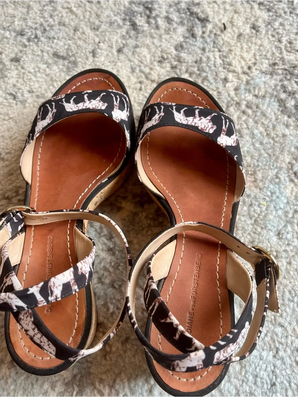 Diane Von Furstenberg Black Printed Cork Wedge Sandals